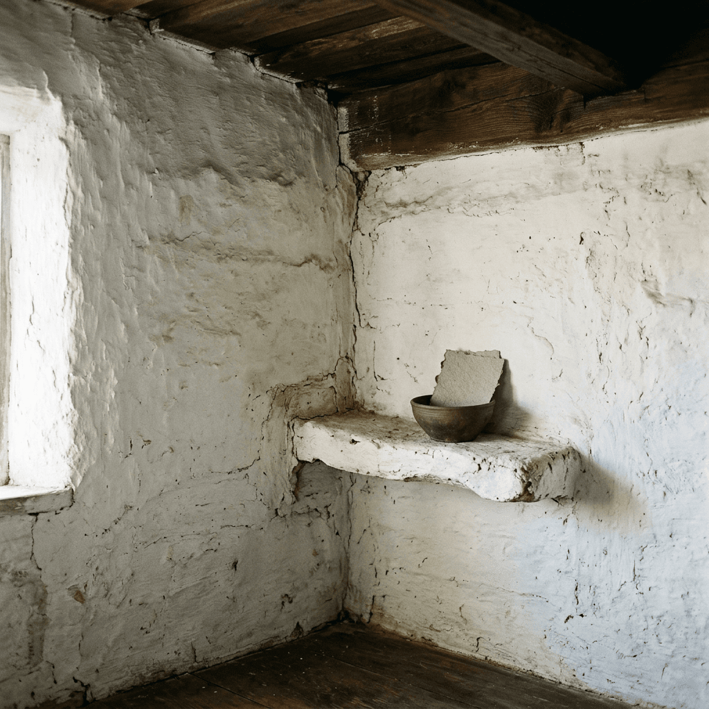 The corner of an old clay cottage wall under thick uneven limewash in raking morning light