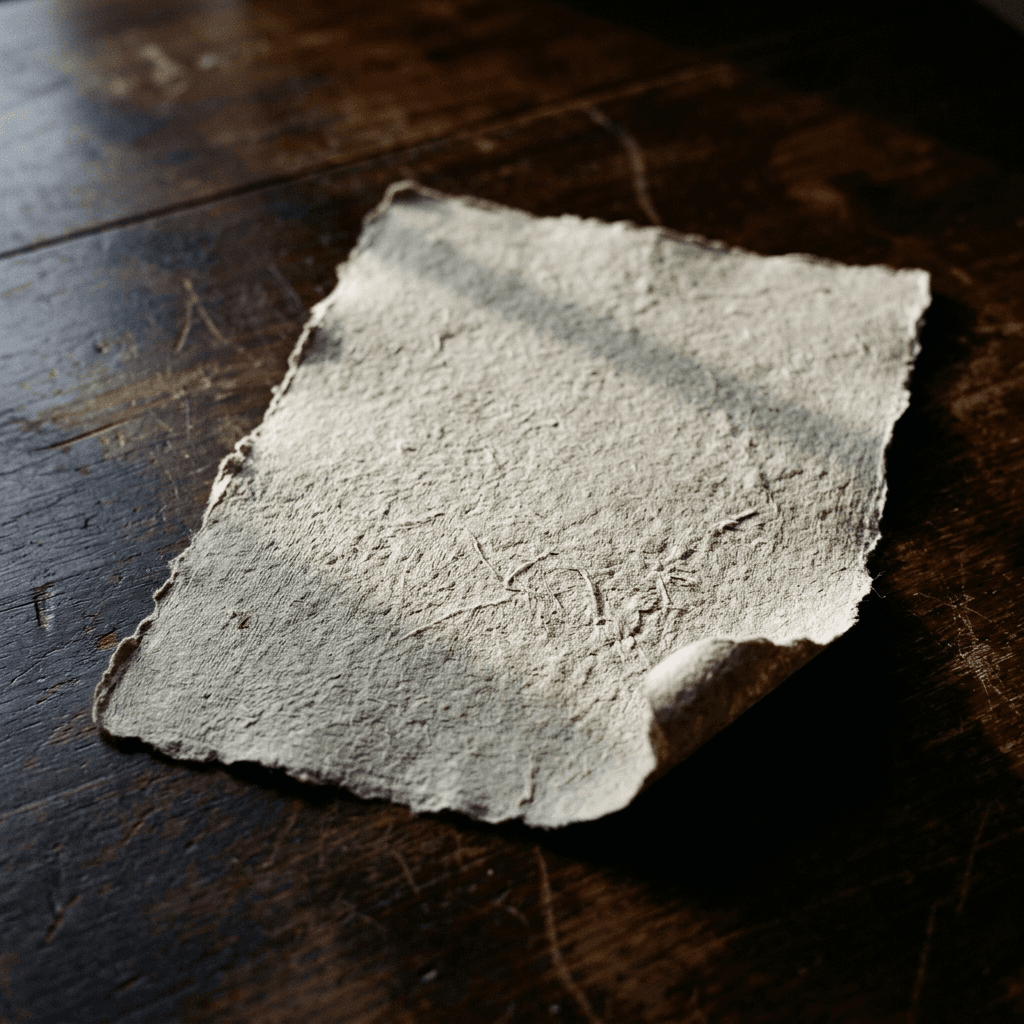 A single sheet of unbleached handmade paper lying blank on a dark table, one corner lifting