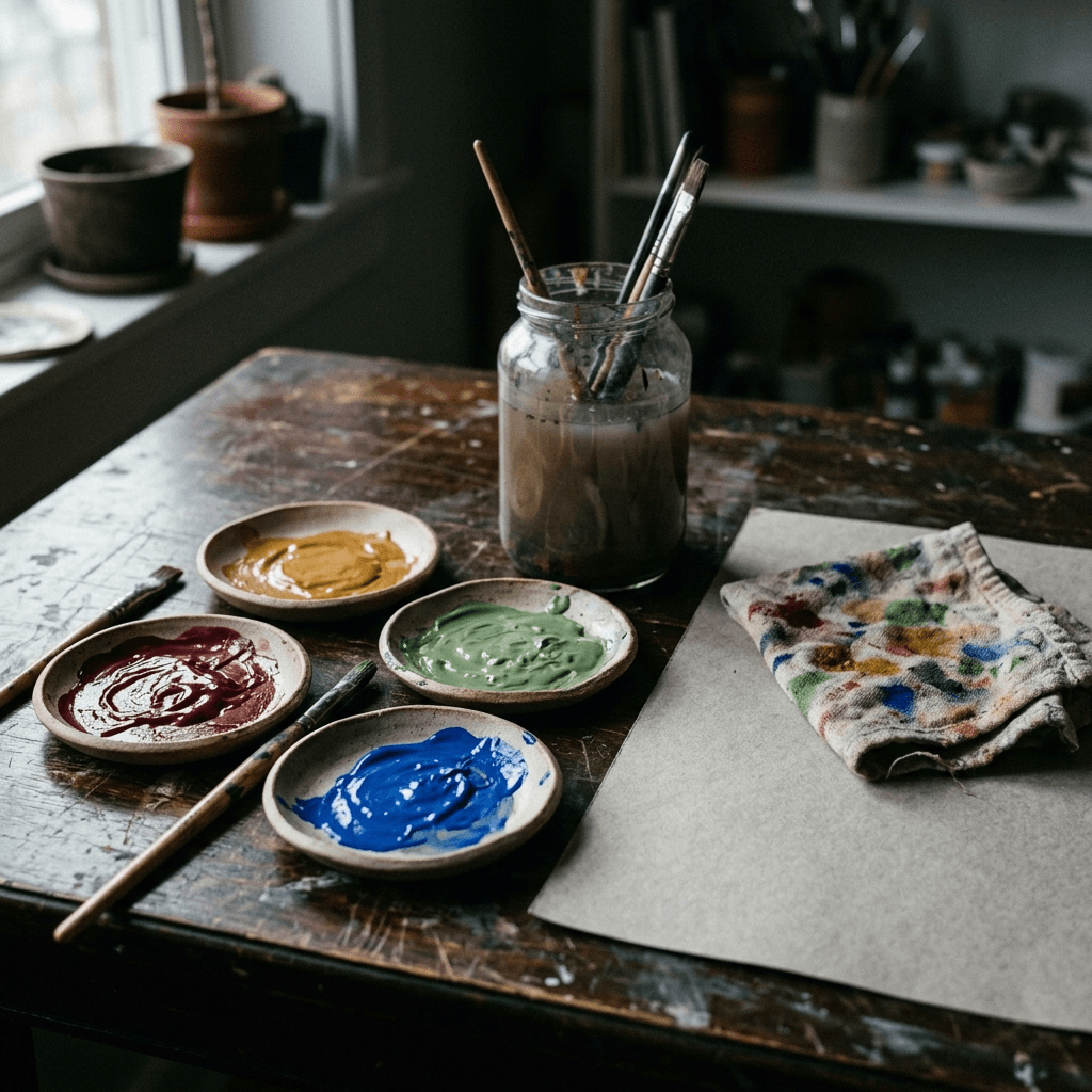 Shallow ceramic saucers of thick carmine, ochre, green and cobalt paint beside a jar of clouded water