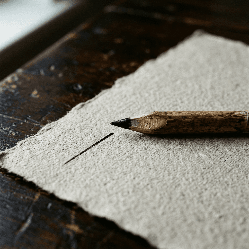 A cut marsh reed stem sharpened to a point, lying on unbleached paper beside the single hairline stroke it has just drawn