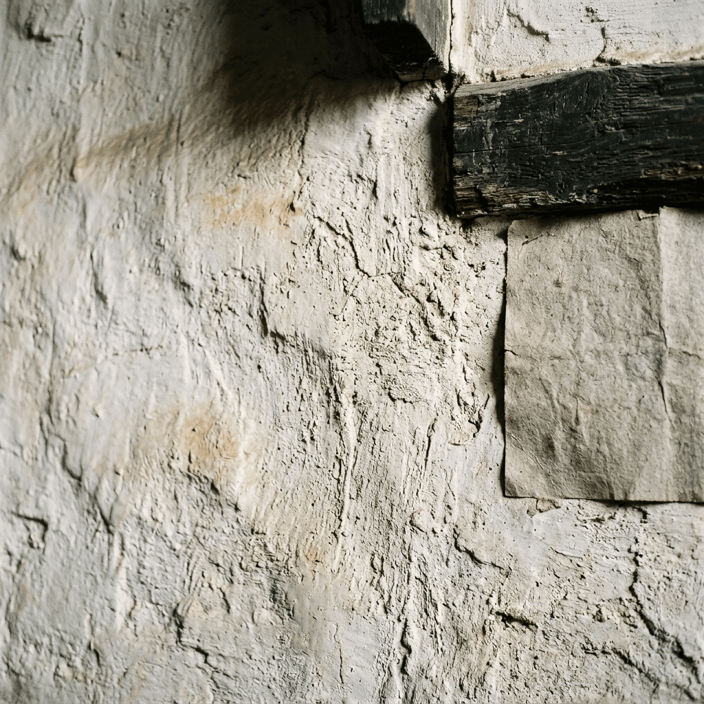 An old whitewashed clay wall seen at a steep raking angle, reading purely as chalky hand-troweled texture