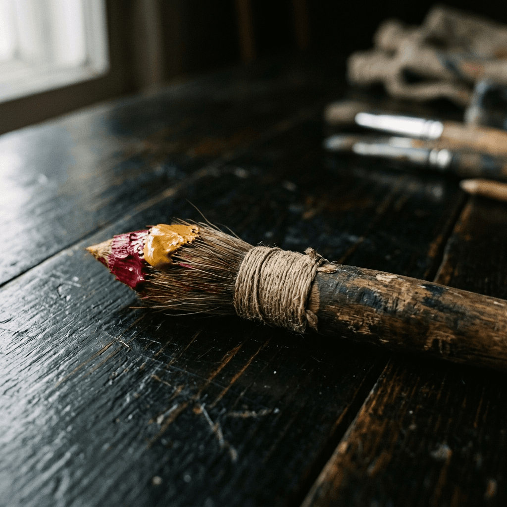 A handmade Petrykivka brush of soft hair bound with linen thread to a wooden handle, its tip loaded with carmine and ochre paint at the same time