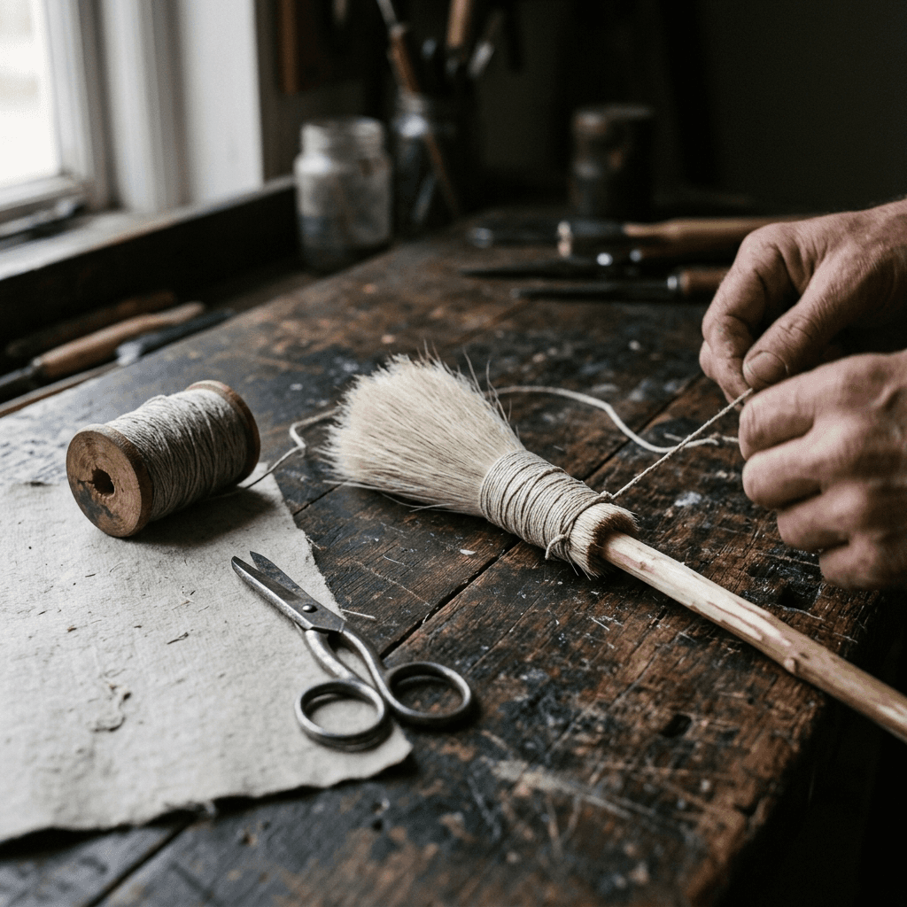 A bundle of soft animal hair being bound with linen thread onto a thin wooden handle