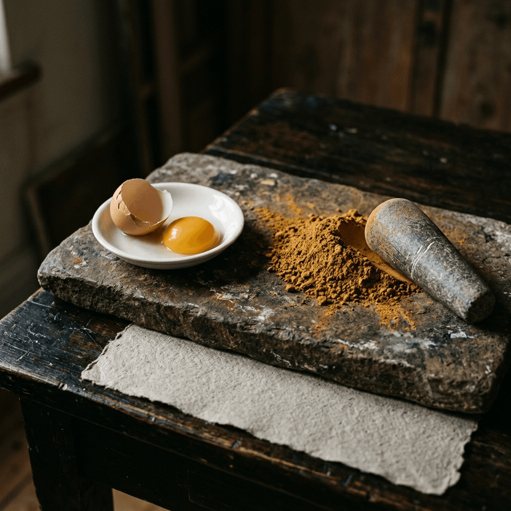 A cracked eggshell and a yolk on a small dish beside a stone pestle and a heap of dry ochre earth pigment