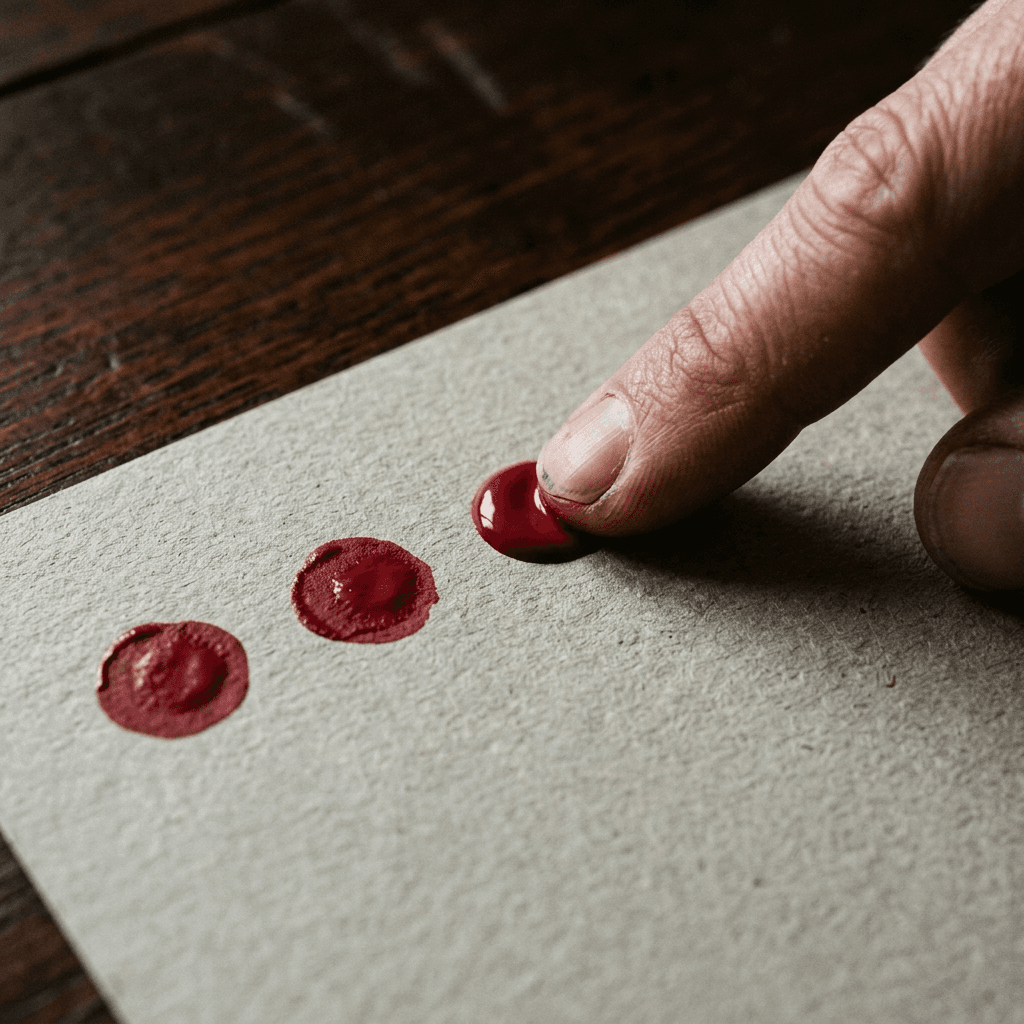 A fingertip pressing a round dot of carmine paint onto unbleached paper beside dots already placed in an arc