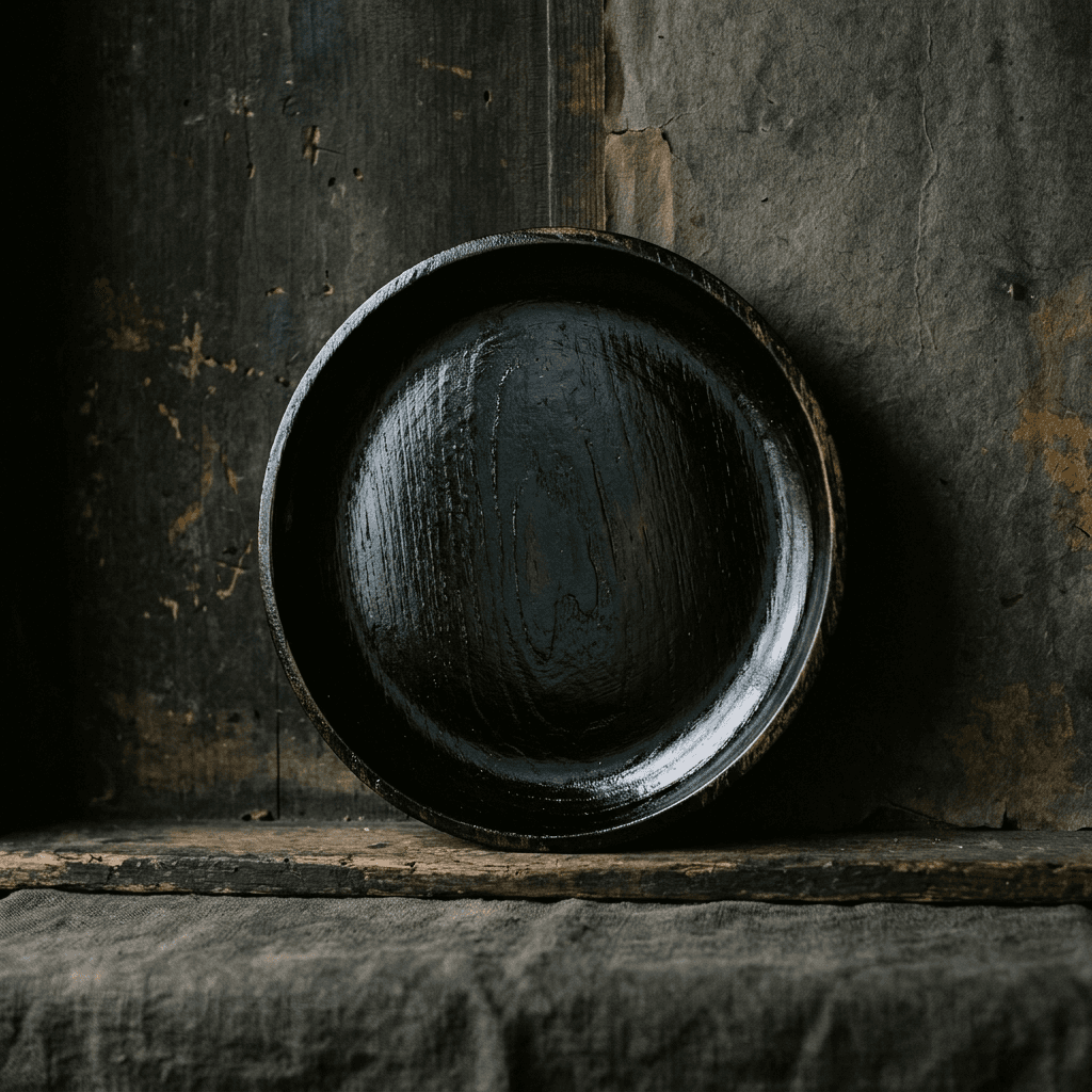 A plain black lacquered wooden plate on a dark surface under raking light
