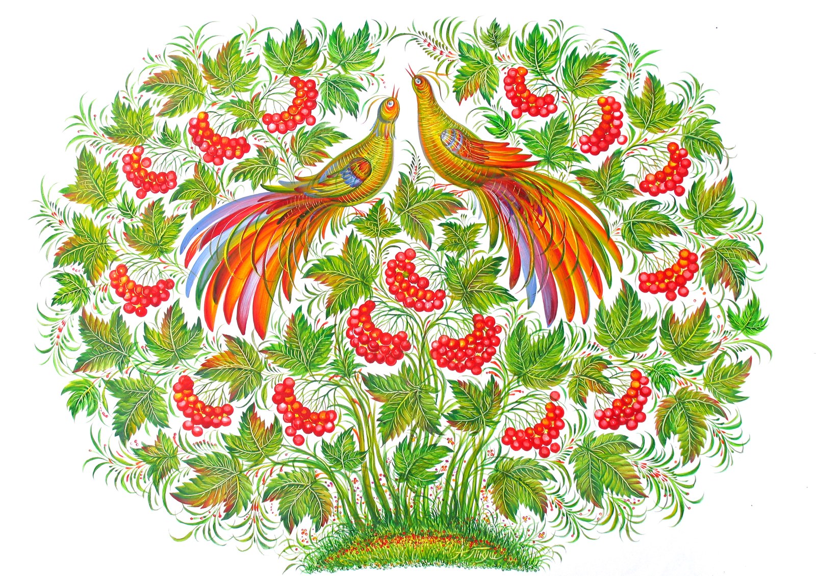 Two birds among clusters of red viburnum berries and curling leaves, painted on a white ground in the Petrykivka manner
